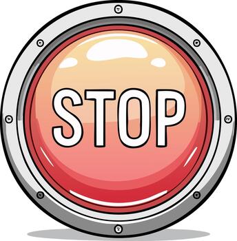 Glossy red cartoon stop button with a shiny metallic frame illustration vector