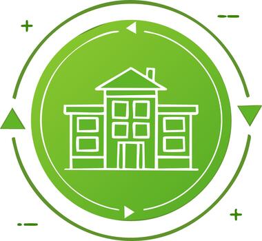 Green gradient building inside circular arrow symbol, concept of progress vector