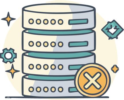 dibujos animados datos servidor con engranaje, Eliminar icono, roto icono, y estrella símbolo concepto vector