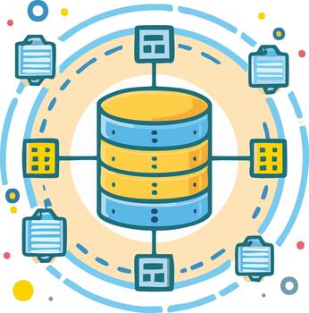 Digital data network illustration showing database communication and information exchange vector