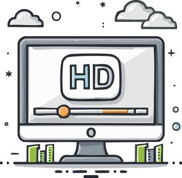 alto definición hd transmisión en un computadora monitor pantalla con nube informática concepto garabatear vector