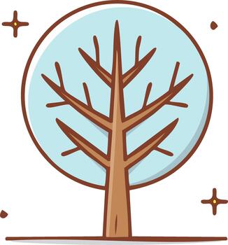 Stylized winter tree illustration with bare branches and sparkling stars in a circular frame vector