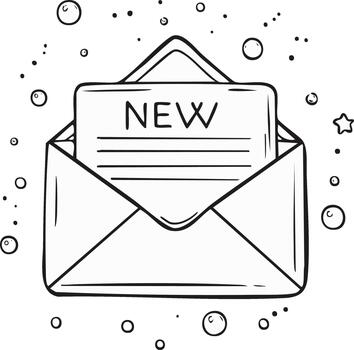 Doodle style envelope with 'NEW' text and bubbles illustration vector