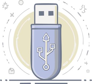 Doodle style USB flash drive with USB symbol icon and abstract circular background vector