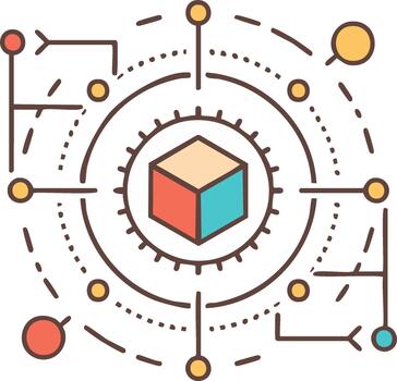 resumen cubo rodeado por conectado líneas y puntos en un circular diseño vector