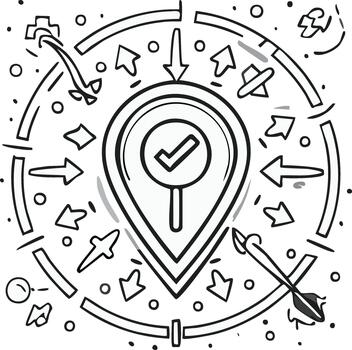 Doodle line art of arrows pointing to a confirmed location pin with checkmark for successful precise targeting vector