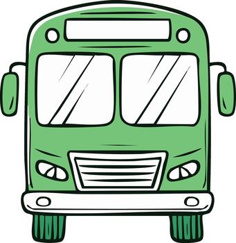 Green cartoon bus front view with outline and simple design vector