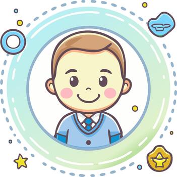 Smiling Cartoon Boy Avatar with Cute Ornaments in Circular Frame for Profile Image vector