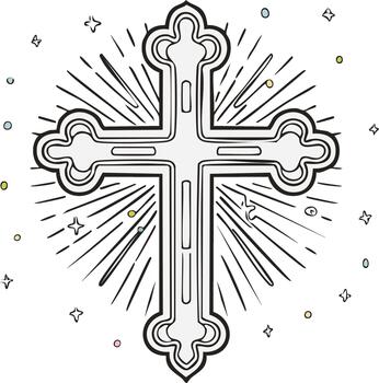 Decorative Christian cross design with light rays and stars in monochrome vector