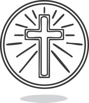 Stylized Outline Cross with Radiating Light Effect Inside a Circle Emblem vector