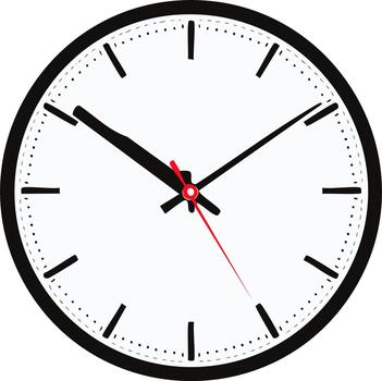 Simple analog wall clock with a black frame and red second hand, illustration vector
