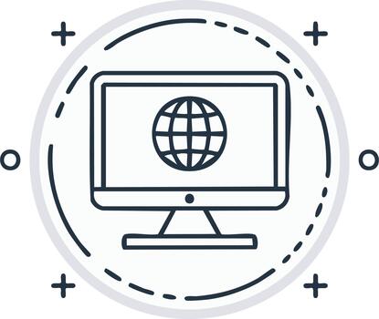 Desktop Computer with Globe Line Icon, Internet Connection Symbol vector
