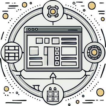 Website Development Process Flowchart Doodle Style Showing Modules and Gears vector