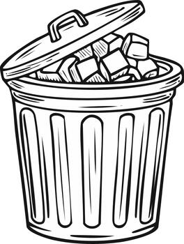 mano dibujado línea Arte ilustración de un desbordante basura lata con un abierto tapa, lleno de negar vector