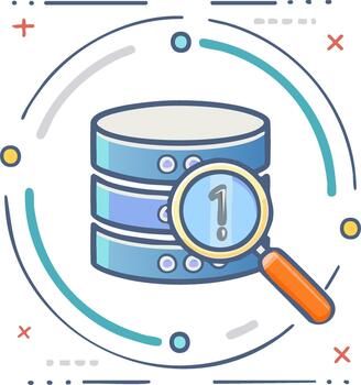 Database icon with magnifier and exclamation point inside a circle in blue tones vector