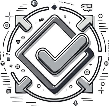 Monochromatic hand drawn checkmark in a square box encircled by arrows indicating a successful process vector