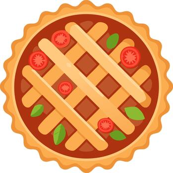illustration of a round delicious quiche with tomatoes and basil toppings in a baked crust, overhead view vector