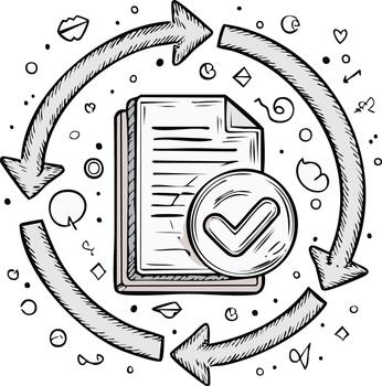 Hand drawn document approval workflow icon with check mark and circular arrows vector