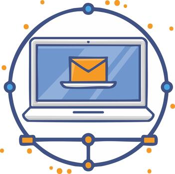 Laptop computer with orange email envelope inside connected in a network illustration vector