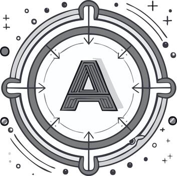 Letter A in Concentric Circle with Arrows and Abstract Shapes Gray Tones Design Element vector