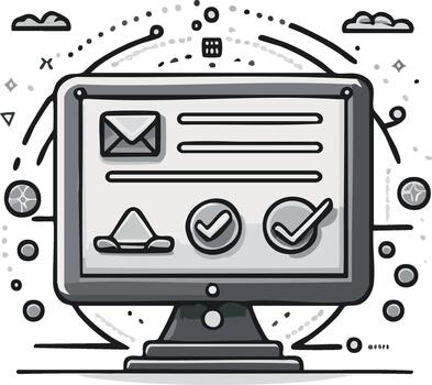 Doodle Style Computer Screen Displaying Email Settings Confirmations and Cloud Storage with Geometric Shapes around the Monitor vector
