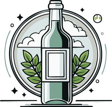 Modern illustration of a bottle with nature elements inside a circle, icon design vector