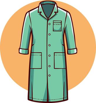 Mint Green Lab Coat Illustration with Pockets and Buttons on Orange Circle Backdrop vector