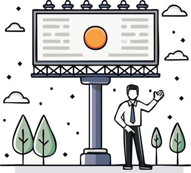 Executive Standing Before a Large Billboard with Abstract Content Waving Hand in a Simplified Flat Design vector