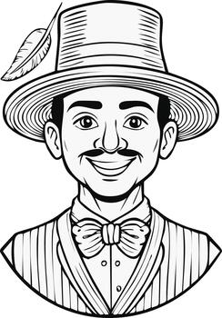 Stylized portrait of a smiling gentleman in a hat with a feather vector