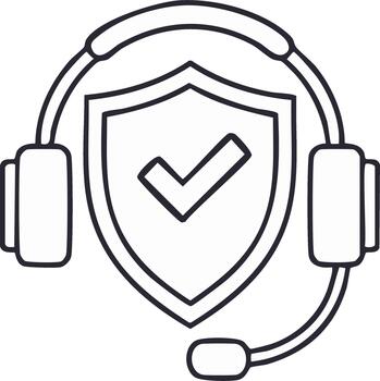 Secure customer support line icon with headset and shield with checkmark vector