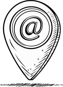 mano dibujado bosquejo de un ubicación mapa alfiler con un a símbolo para correo electrónico y digital comunicación vector
