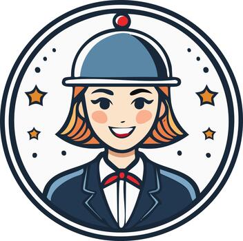 Smiling waitress in uniform emblem wearing a serving platter hat in circle frame vector
