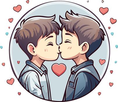 Two boys kissing with hearts floating around them in a circular frame vector