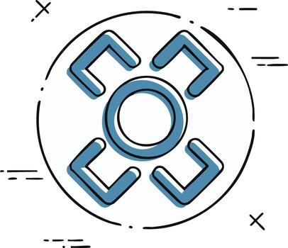 resumen objetivo símbolo con flechas señalando hacia fuera en un circulo con negro rayado líneas y azul acentos vector