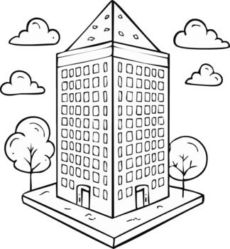 Sketch of a tall office building with trees and clouds in a simple line art style vector