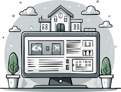 Modern Computer Display Home Education with Digital Learning Resources Online vector