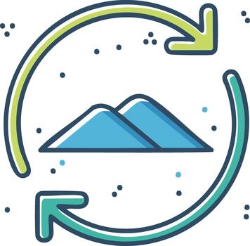 Circular arrows with mountains icon symbolizing refresh cycle data transfer or renewable energy vector