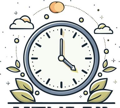 Stylized analog clock with sun and clouds representing time passing through the day vector