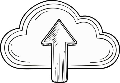 mano dibujado nube y flecha simboliza subir, subiendo proceso y datos migración a nube vector
