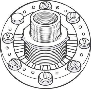 detallado técnico ilustración de un circular mecánico componente con un roscado núcleo y empulgueras vector