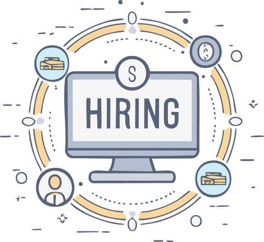 Online Hiring Process on Computer Screen with Document and Clock Icons vector