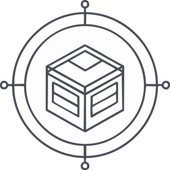 línea Arte icono de un isométrica caja simbolizando un paquete dentro un Brújula objetivo elemento para logística vector