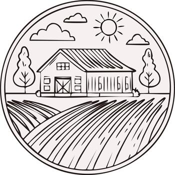 Farmhouse scene with fields trees clouds and sun sketch in circle emblem vector