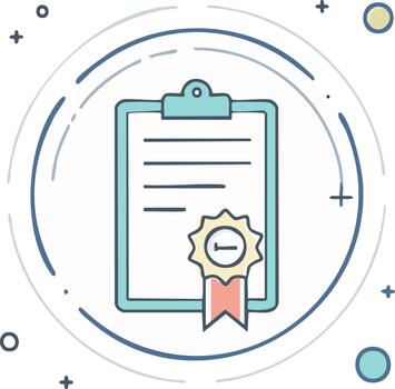 Quality certificate and policy document on clipboard icon with an approval seal vector