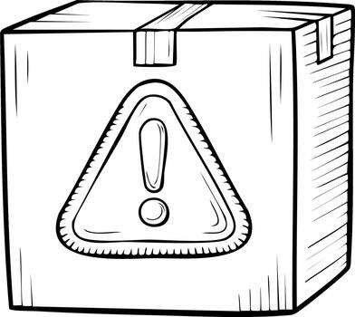 Hand drawn sketch of a cardboard box with a warning exclamation mark symbol vector