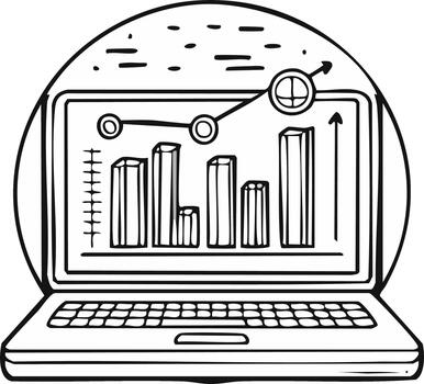 Laptop Displaying Bar Chart and Line Graph Hand Drawn Illustration in Black and White vector