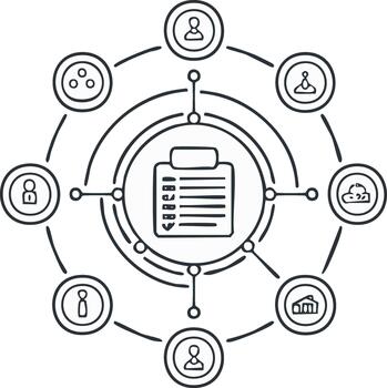 negocio proceso administración concepto con un central Lista de Verificación y conectado red íconos vector