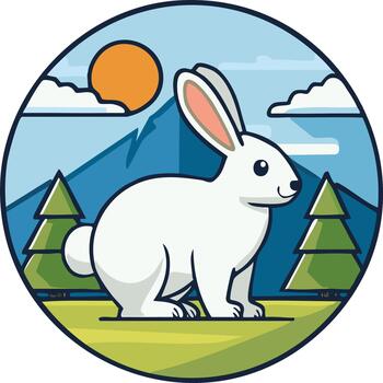 White Rabbit in Landscape with Mountains and Trees within a Circle Illustration vector
