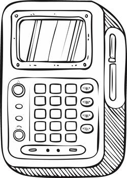 dibujado a mano retro electrónico dispositivo ilustración con pantalla, teclado, y botones vector