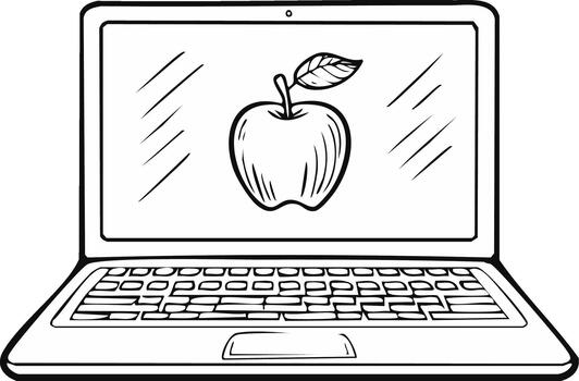 Line art illustration of a laptop computer with a fresh apple fruit graphic on its display vector